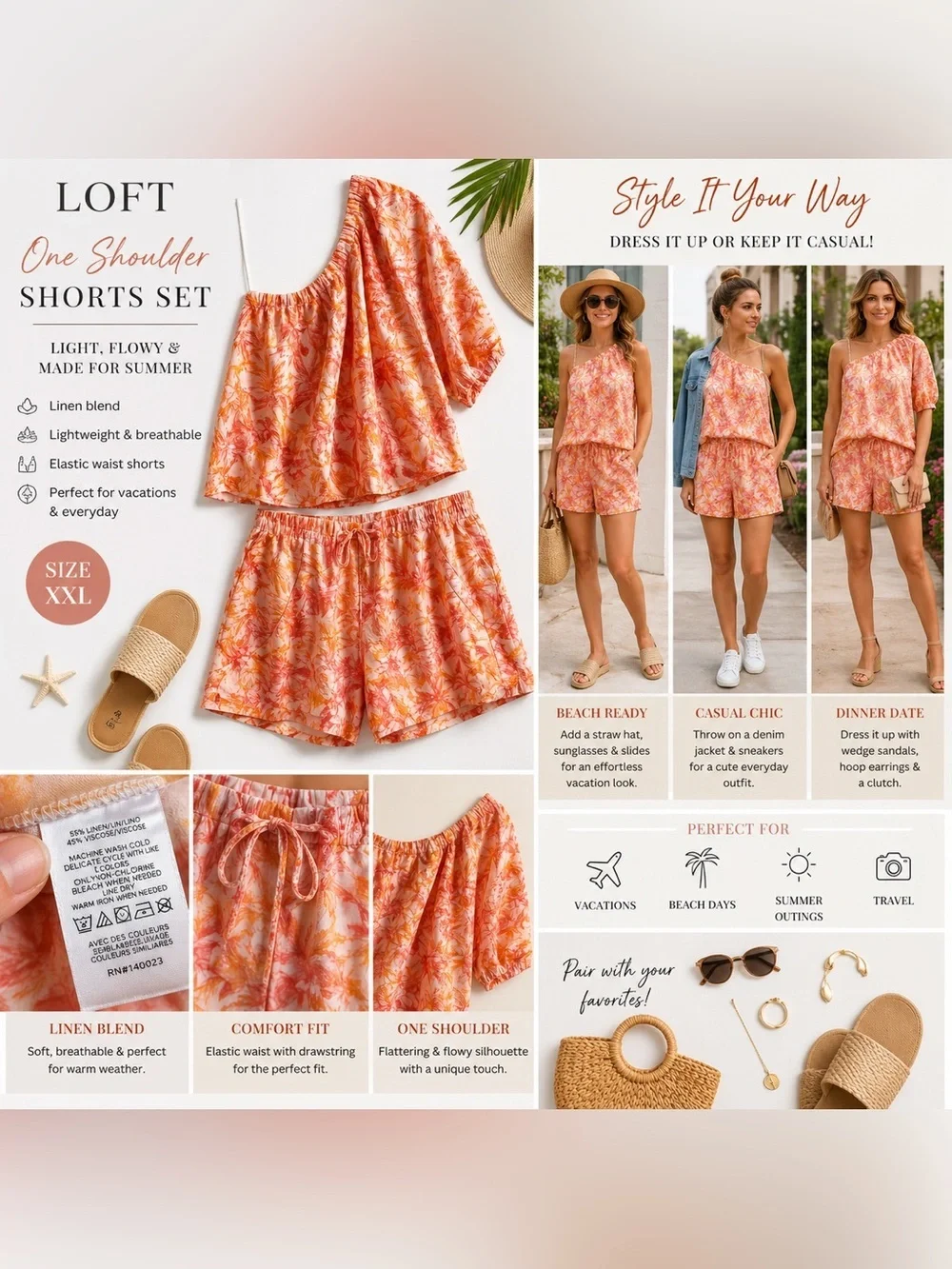 LOFT Linen Blend One Shoulder Top & Shorts Set XXL Orange Floral Matching Set